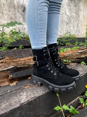 Uno Double Strap Ankle Flat Combat Boots - Black
