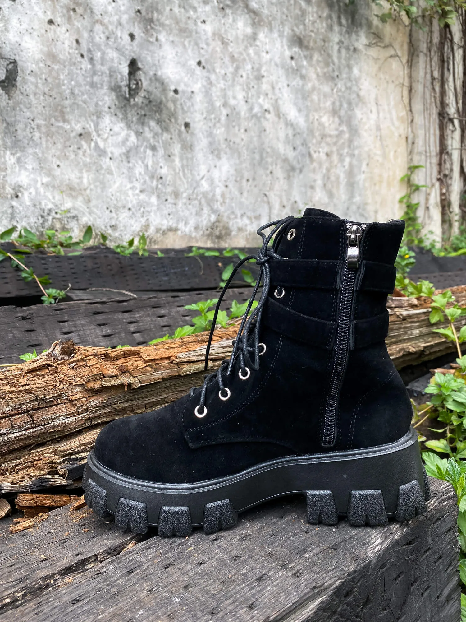 Uno Double Strap Ankle Flat Combat Boots - Black