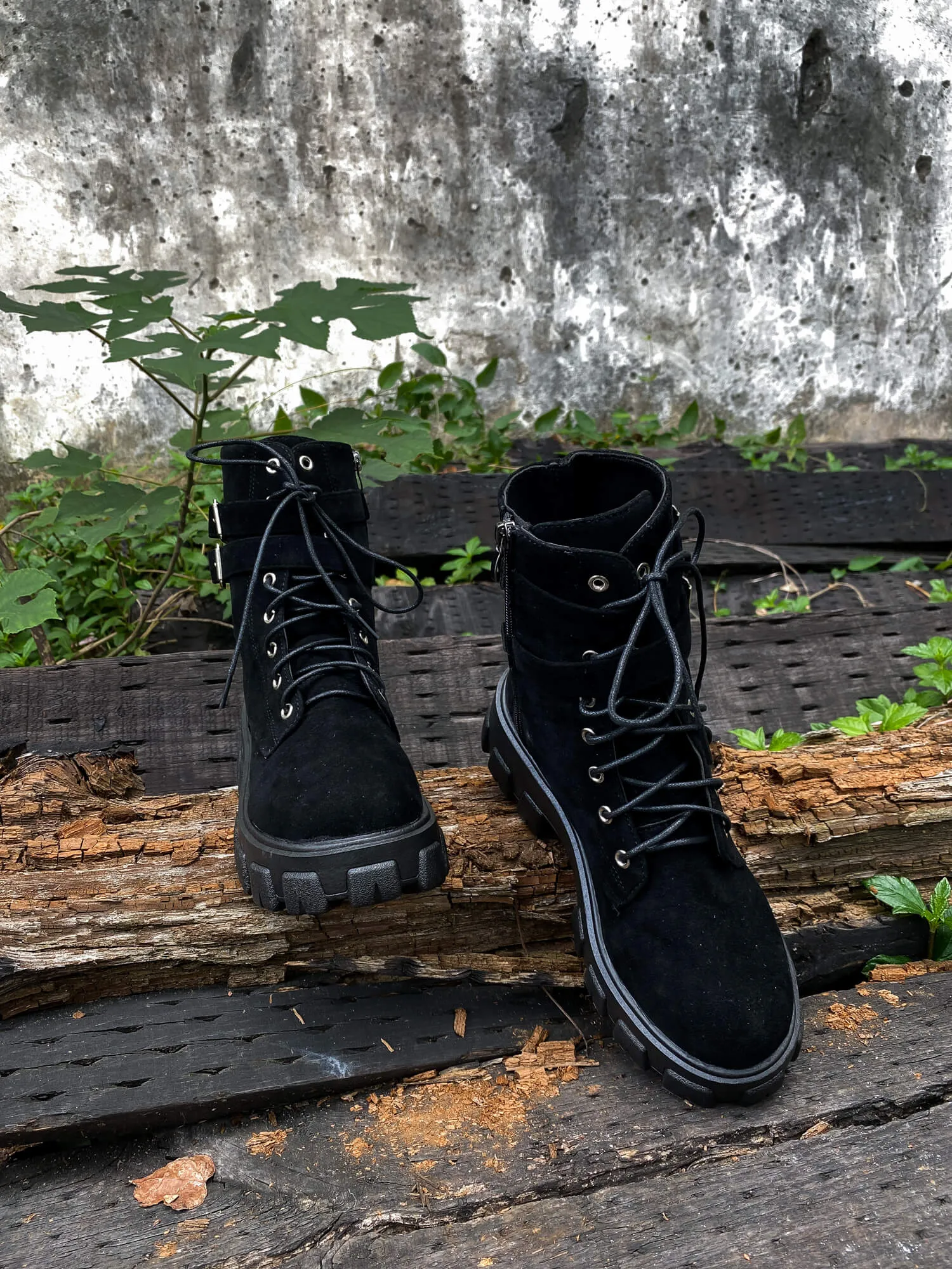 Uno Double Strap Ankle Flat Combat Boots - Black