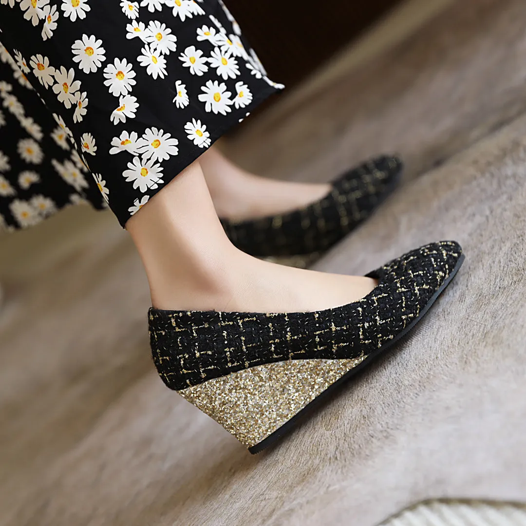 Wedge Heel Shiny Cloth Plaid Simple Fashion High Heels