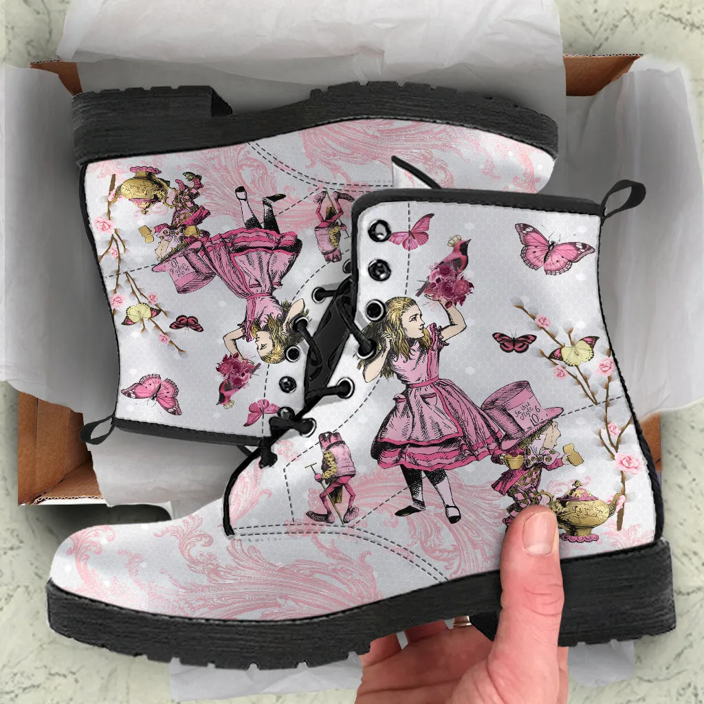 White and Pink Alice in Wonderland with Butterflies Lace-Up Ankle Boots