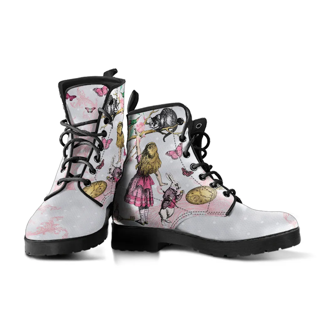 White and Pink Alice in Wonderland with Butterflies Lace-Up Ankle Boots