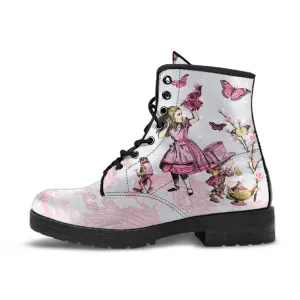 White and Pink Alice in Wonderland with Butterflies Lace-Up Ankle Boots
