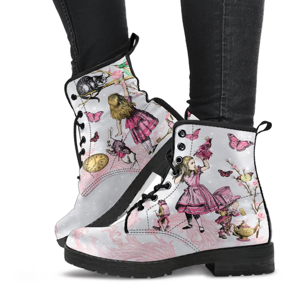 White and Pink Alice in Wonderland with Butterflies Lace-Up Ankle Boots