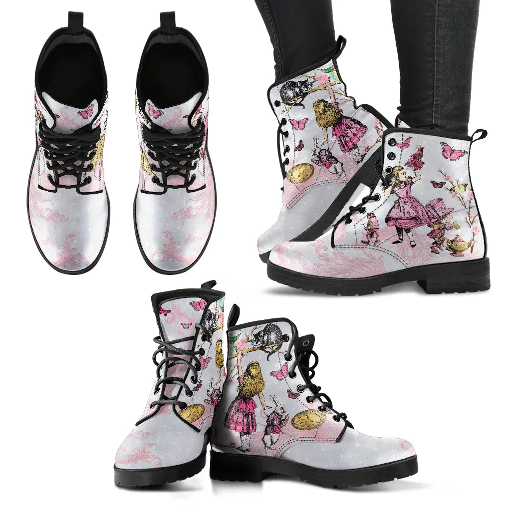 White and Pink Alice in Wonderland with Butterflies Lace-Up Ankle Boots