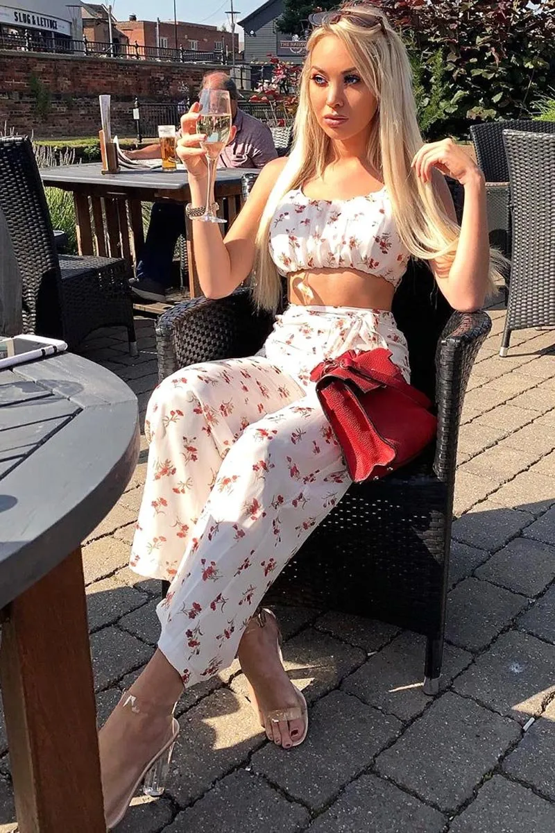 White Floral Crop Top Wide Trouser Co-ord - Tully