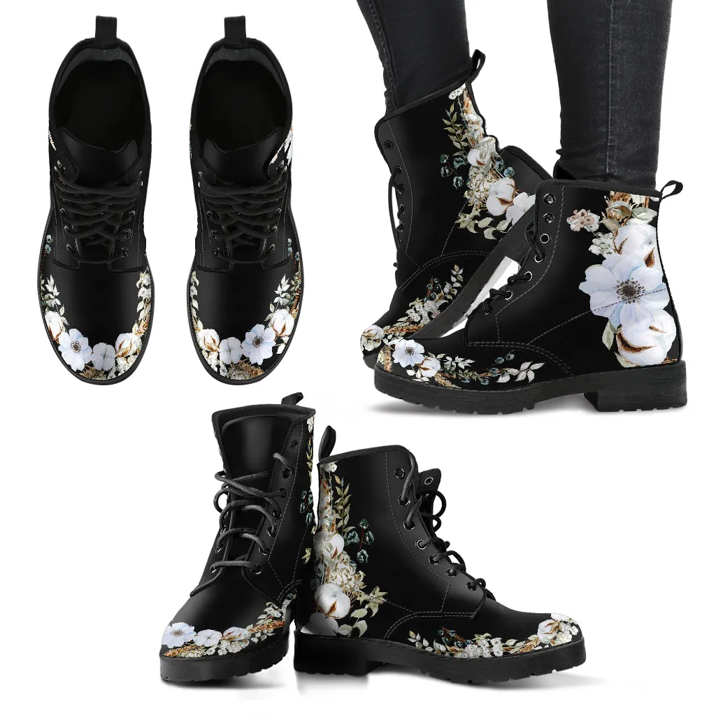 White Flowers with Cotton and Herbs Ankle Boots