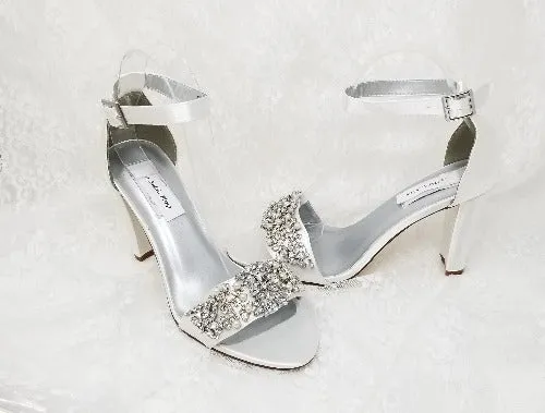 White Wedding Shoes with Crystal and Pearl Vamp Design Block Heel Bridal Shoes