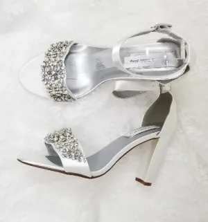 White Wedding Shoes with Crystal and Pearl Vamp Design Block Heel Bridal Shoes