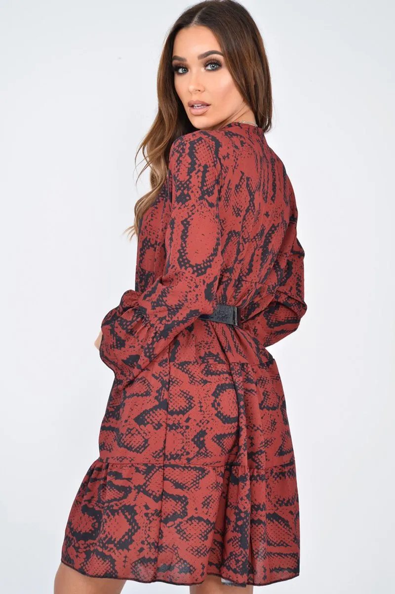 Wine Snake Print Plunge Flute Sleeve Shift Dress - Olesya