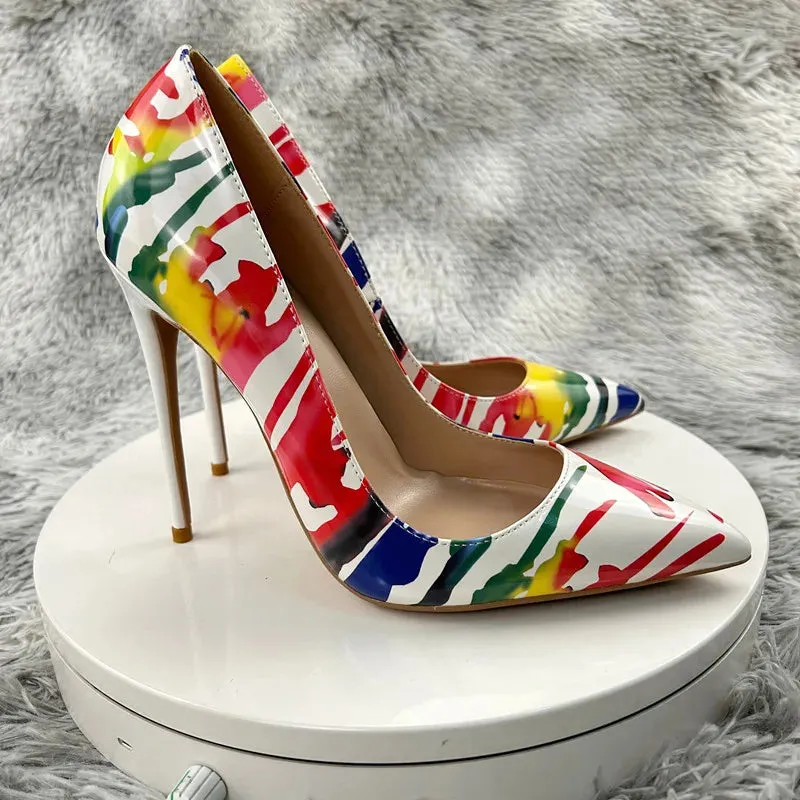 Woman Sexy 12cm Multi Pumps Watercolour Splash Ink Patent Leather High Heels