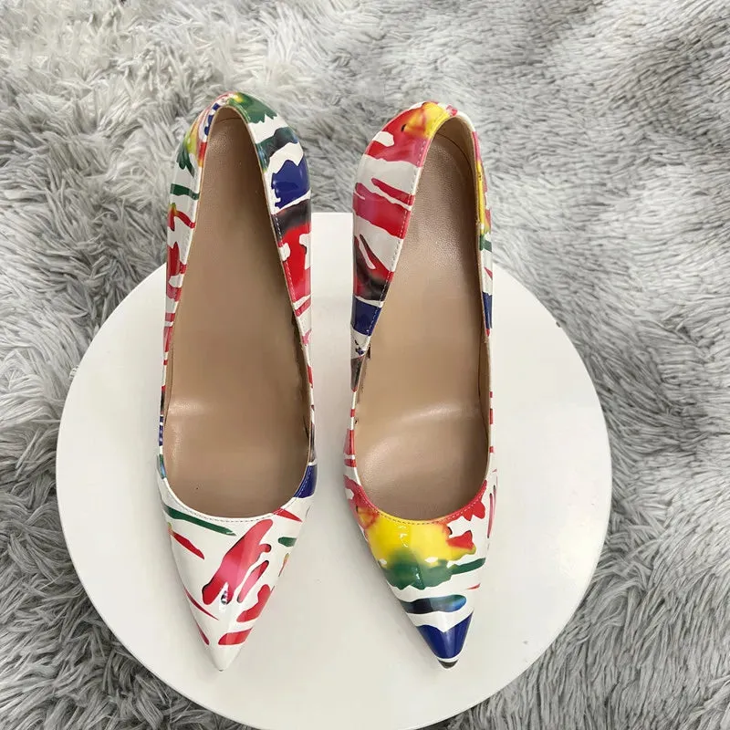 Woman Sexy 12cm Multi Pumps Watercolour Splash Ink Patent Leather High Heels