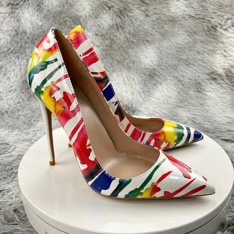 Woman Sexy 12cm Multi Pumps Watercolour Splash Ink Patent Leather High Heels