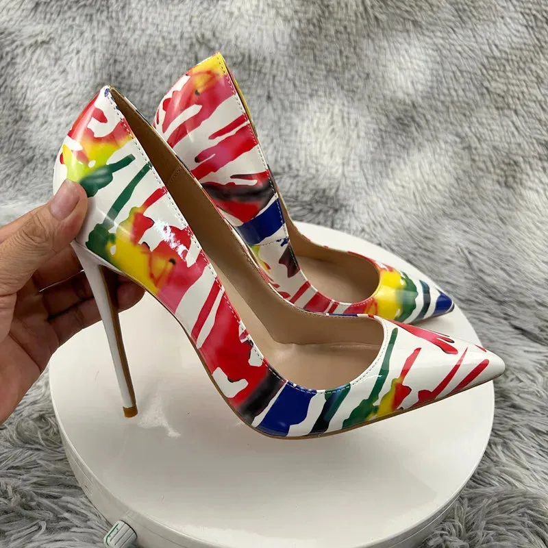 Woman Sexy 12cm Multi Pumps Watercolour Splash Ink Patent Leather High Heels