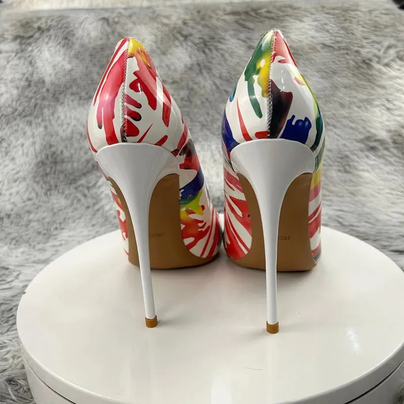 Woman Sexy 12cm Multi Pumps Watercolour Splash Ink Patent Leather High Heels