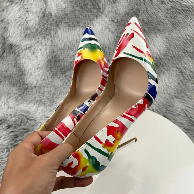 Woman Sexy 12cm Multi Pumps Watercolour Splash Ink Patent Leather High Heels
