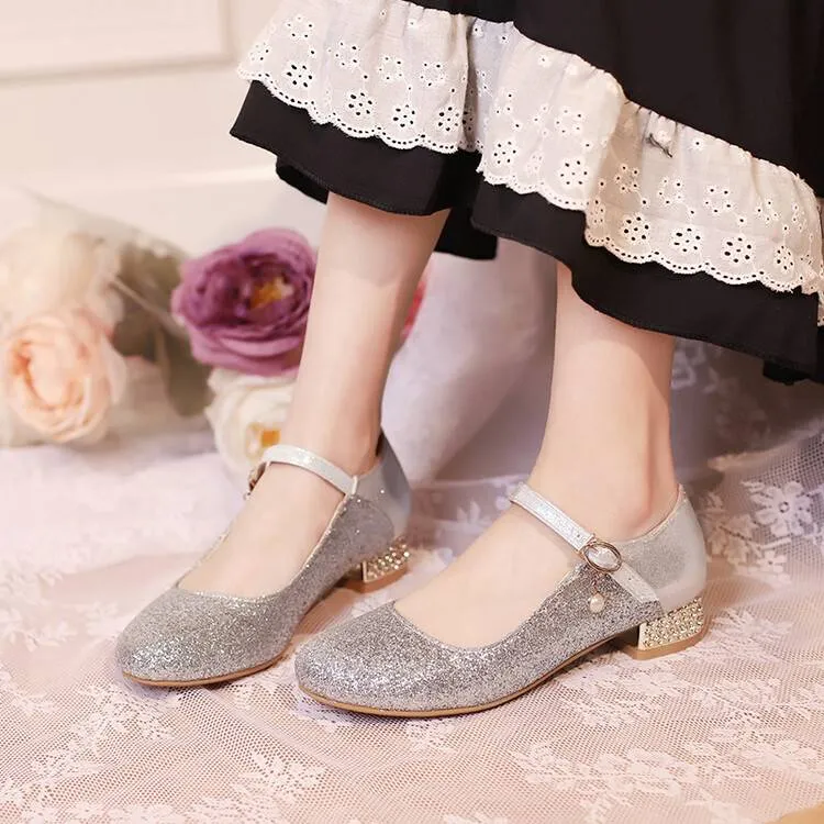 Women Sparkling Sequins Mary Janes Rhinestone Low Heel Pumps for Wedding