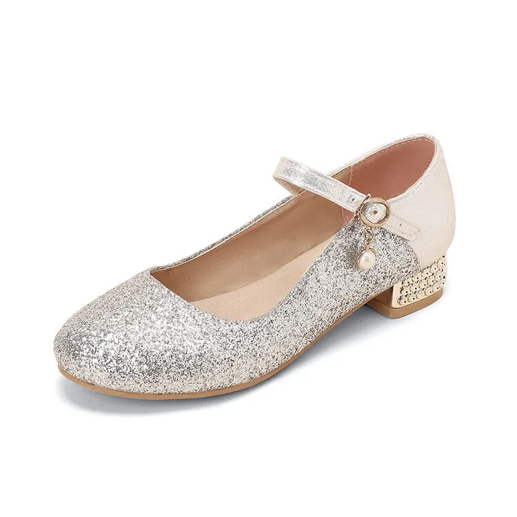 Women Sparkling Sequins Mary Janes Rhinestone Low Heel Pumps for Wedding
