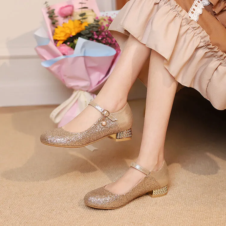 Women Sparkling Sequins Mary Janes Rhinestone Low Heel Pumps for Wedding