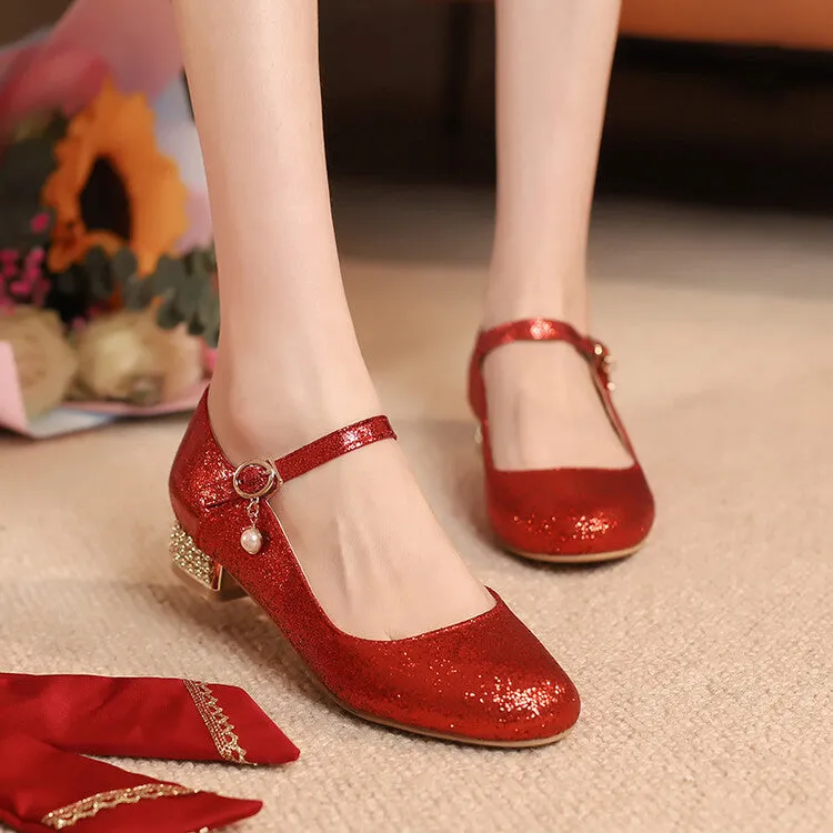 Women Sparkling Sequins Mary Janes Rhinestone Low Heel Pumps for Wedding