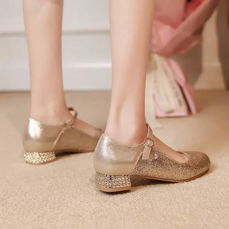Women Sparkling Sequins Mary Janes Rhinestone Low Heel Pumps for Wedding