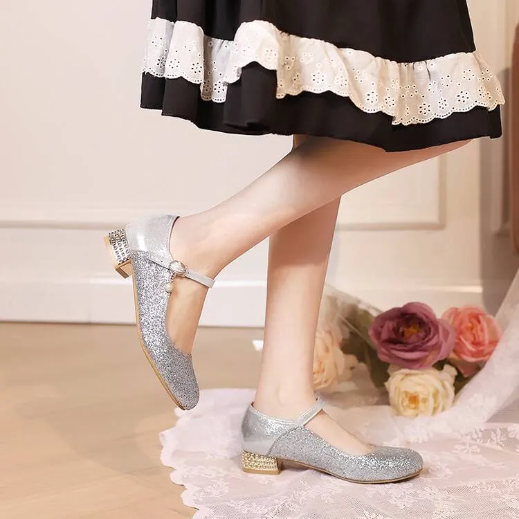 Women Sparkling Sequins Mary Janes Rhinestone Low Heel Pumps for Wedding