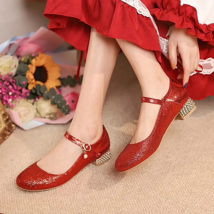 Women Sparkling Sequins Mary Janes Rhinestone Low Heel Pumps for Wedding