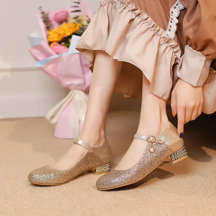 Women Sparkling Sequins Mary Janes Rhinestone Low Heel Pumps for Wedding