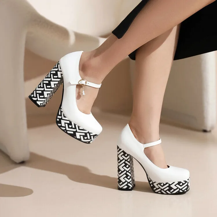 Women's Bicolor Shallow Mary Janes Block Heel Platform Pumps