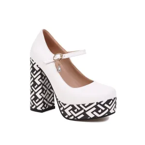 Women's Bicolor Shallow Mary Janes Block Heel Platform Pumps