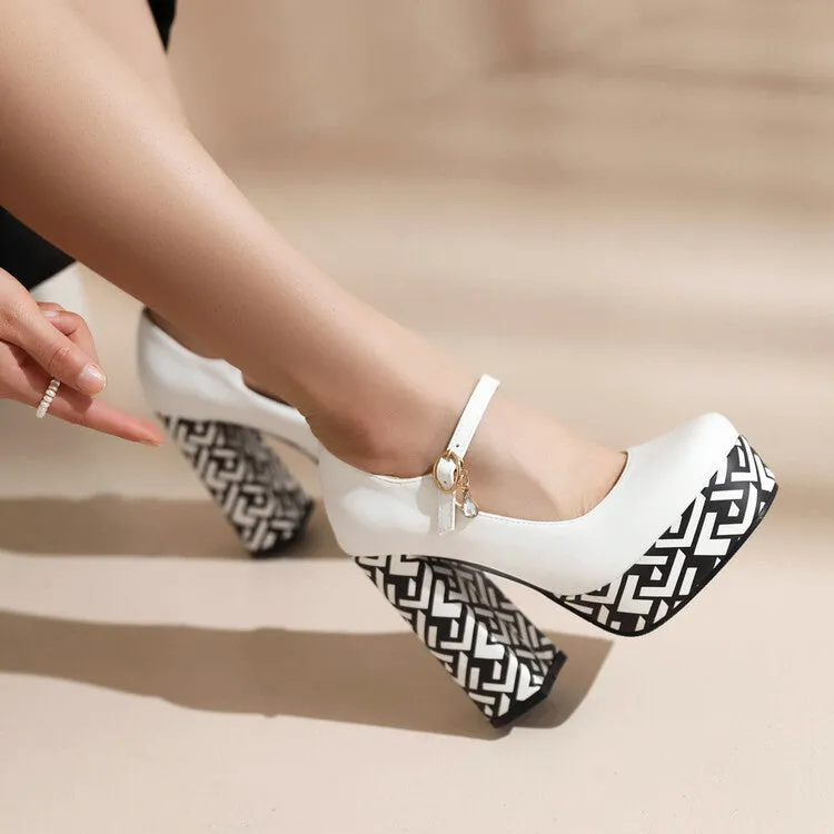 Women's Bicolor Shallow Mary Janes Block Heel Platform Pumps