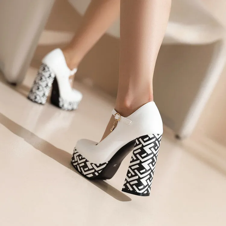 Women's Bicolor Shallow Mary Janes Block Heel Platform Pumps