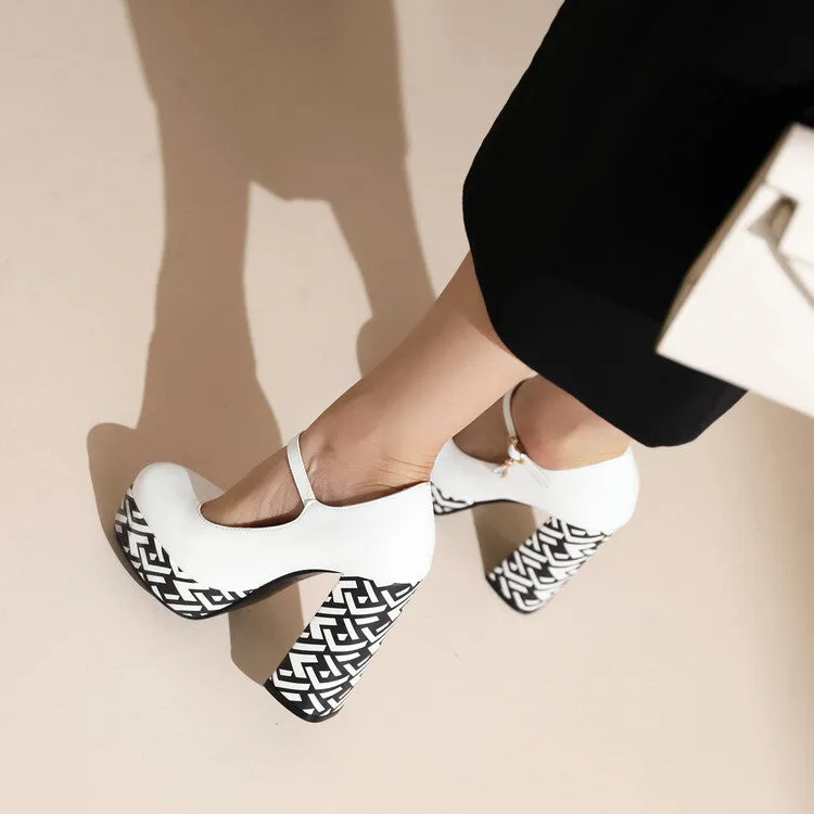 Women's Bicolor Shallow Mary Janes Block Heel Platform Pumps