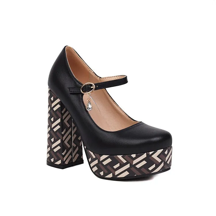 Women's Bicolor Shallow Mary Janes Block Heel Platform Pumps