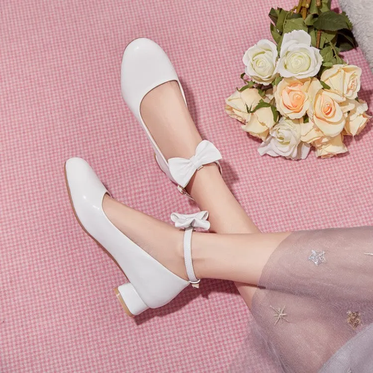 Women's Bow Tie Ankle Strap Puppy Heel Pumps