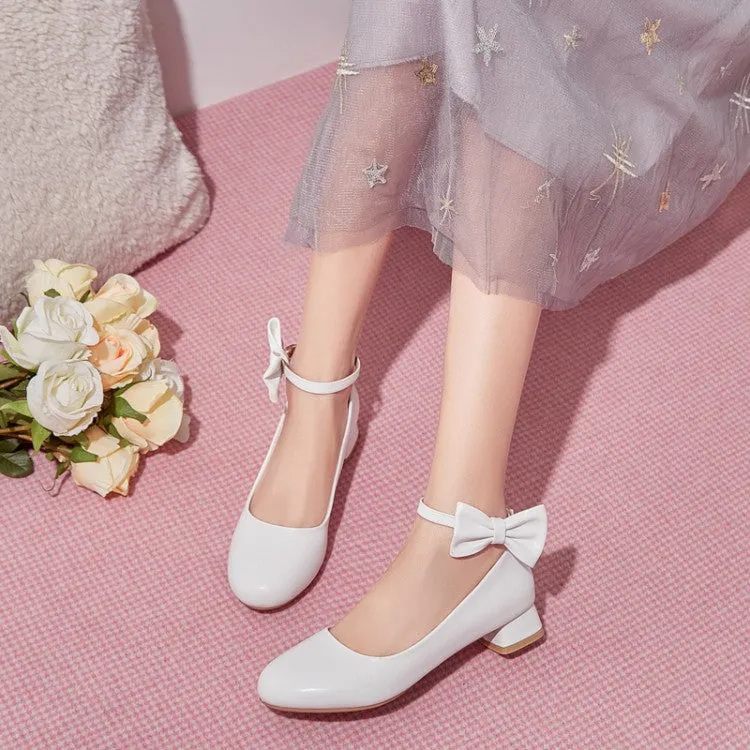 Women's Bow Tie Ankle Strap Puppy Heel Pumps