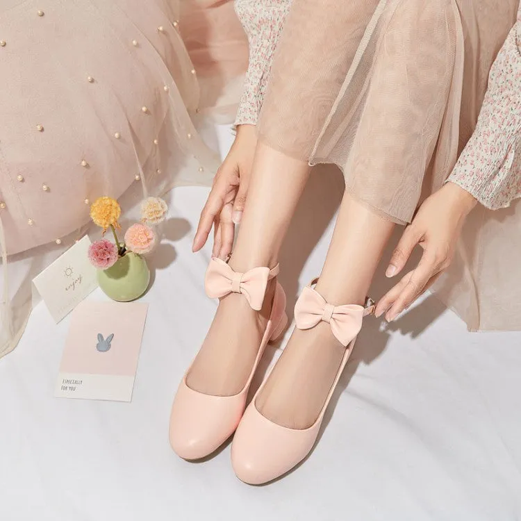 Women's Bow Tie Ankle Strap Puppy Heel Pumps