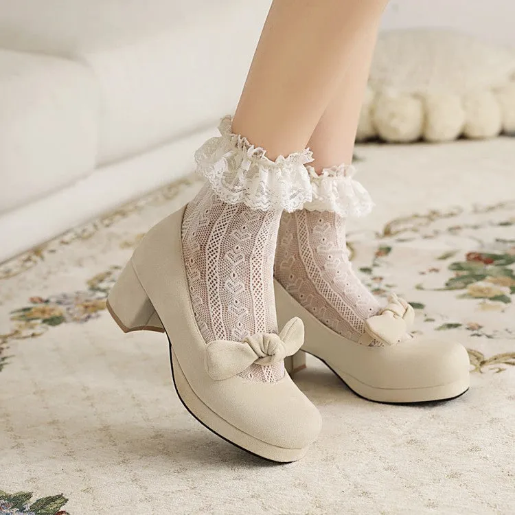 Women's Bowtie Chunky Heels Pumps Shoes