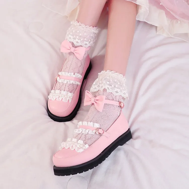 Women's Bowtie Lace Lolita Mary Jane Pumps Flats Shoes