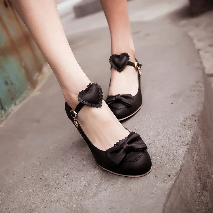 Women's Bowtie Love Shaped Chunky Heels Pumps