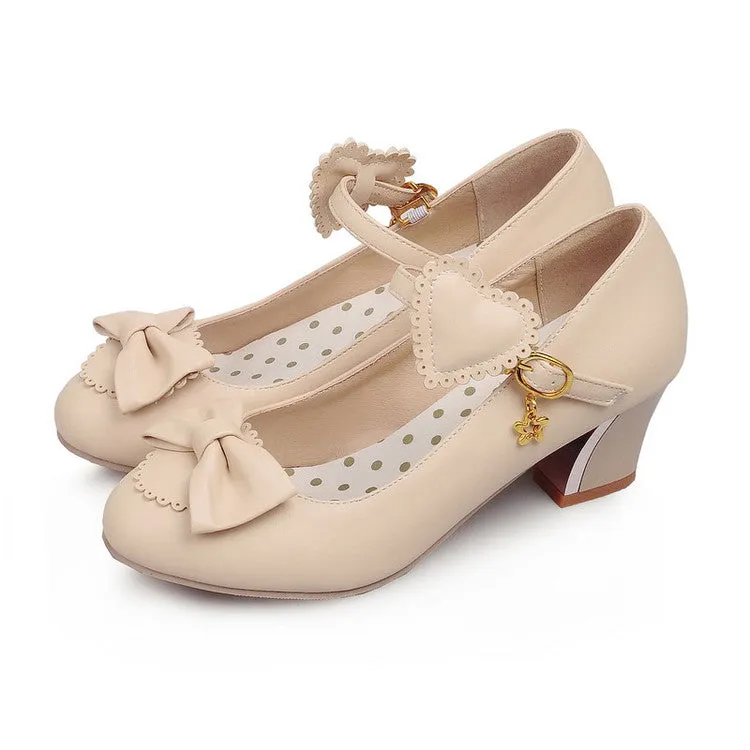 Women's Bowtie Love Shaped Chunky Heels Pumps