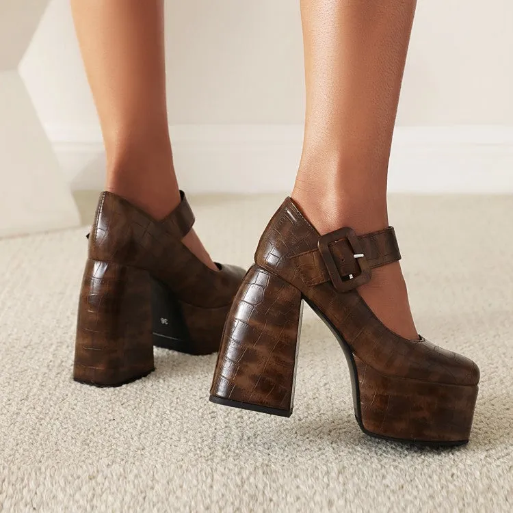 Women's Crocodile Pattern Pu Leather Belts Buckles Chunky Heel Platform Mary Jane Shoes