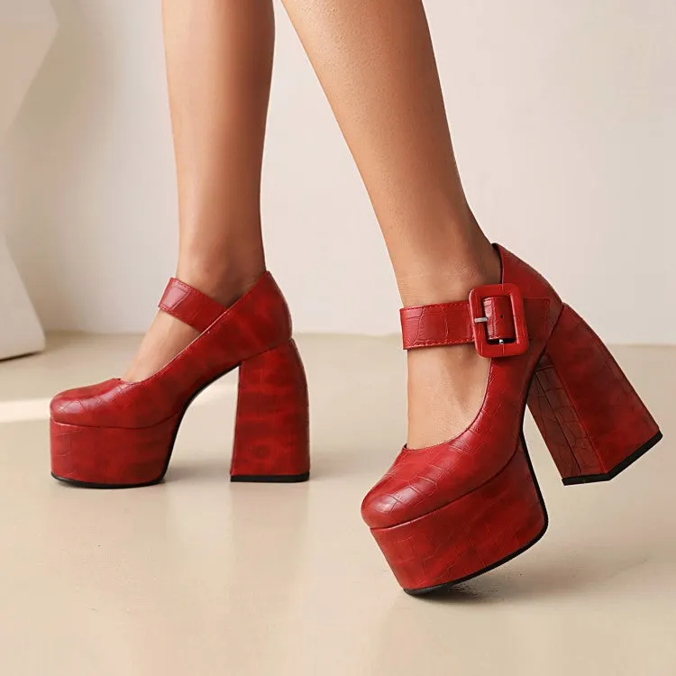 Women's Crocodile Pattern Pu Leather Belts Buckles Chunky Heel Platform Mary Jane Shoes
