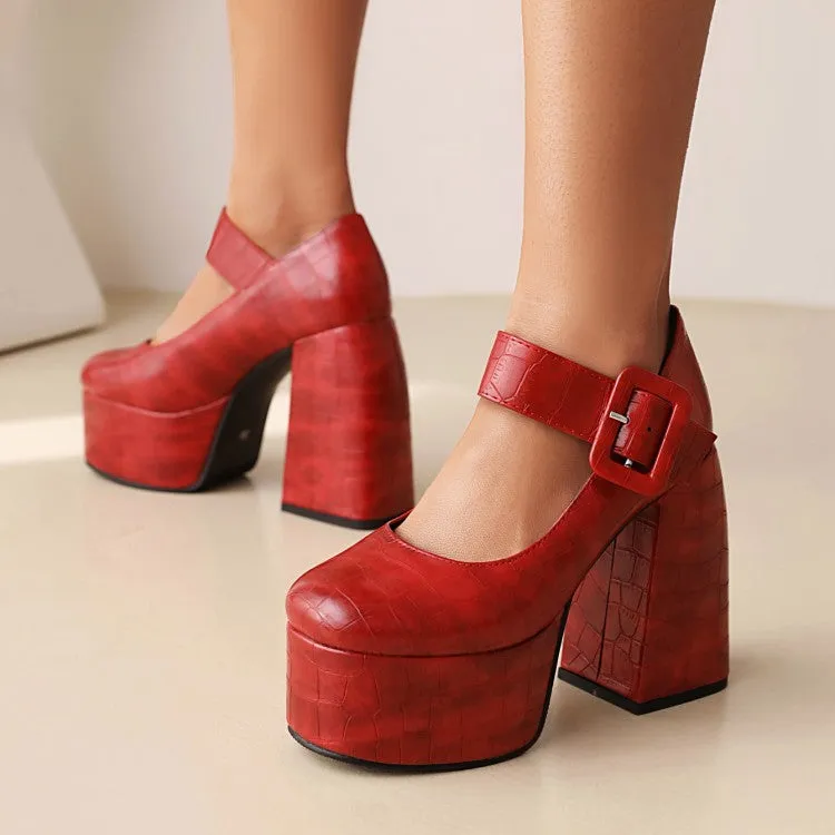 Women's Crocodile Pattern Pu Leather Belts Buckles Chunky Heel Platform Mary Jane Shoes