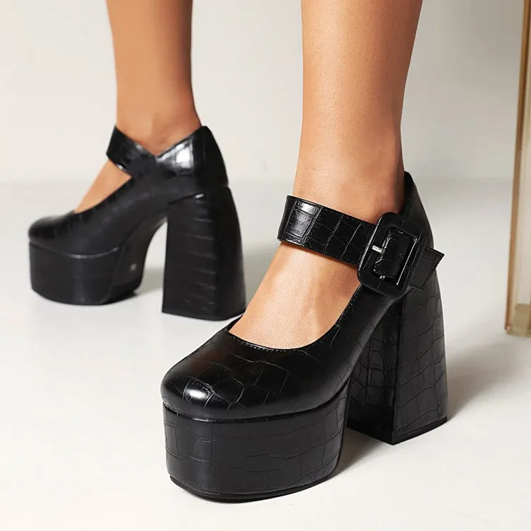 Women's Crocodile Pattern Pu Leather Belts Buckles Chunky Heel Platform Mary Jane Shoes