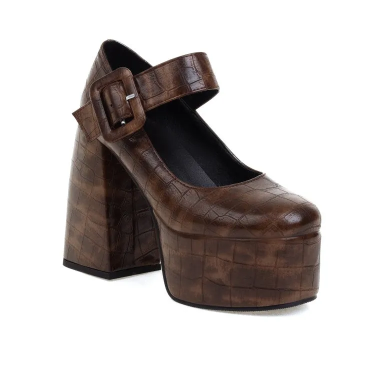Women's Crocodile Pattern Pu Leather Belts Buckles Chunky Heel Platform Mary Jane Shoes