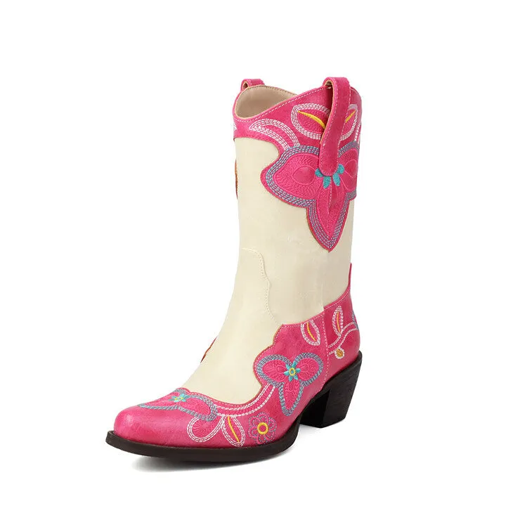 Women's Embroider Pointed Toe Block Heel Mid Calf Western Boots