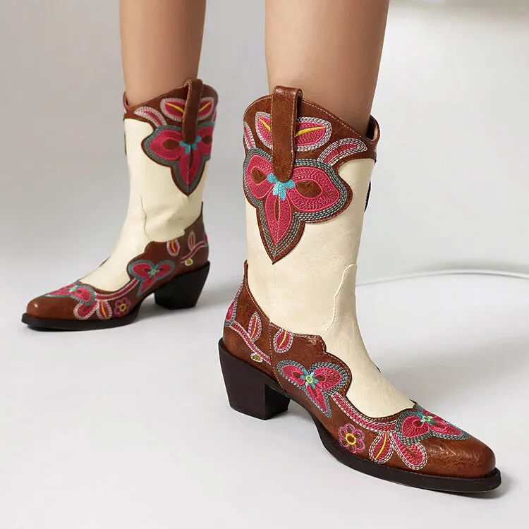 Women's Embroider Pointed Toe Block Heel Mid Calf Western Boots