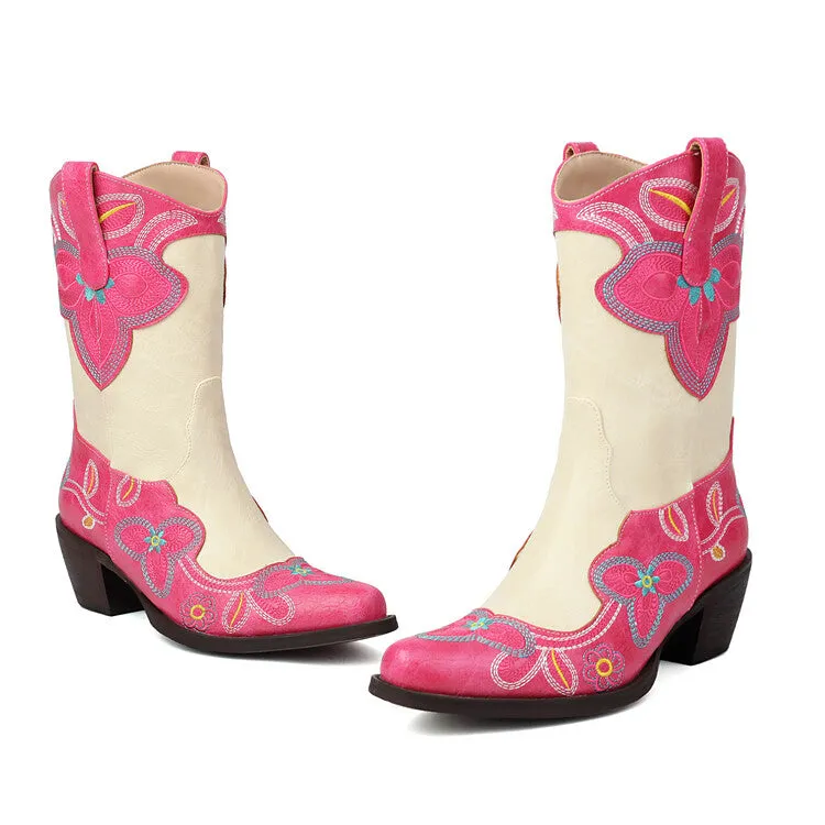 Women's Embroider Pointed Toe Block Heel Mid Calf Western Boots