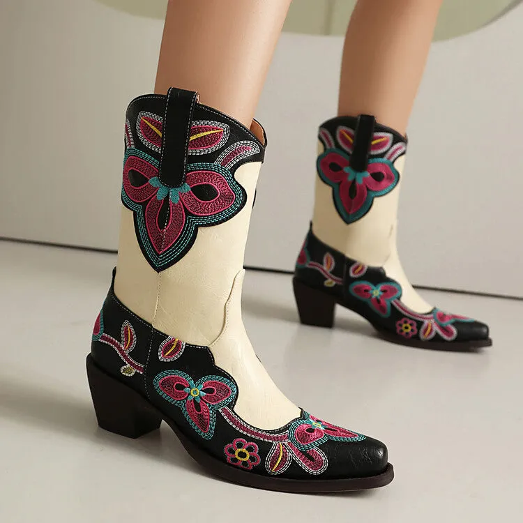 Women's Embroider Pointed Toe Block Heel Mid Calf Western Boots